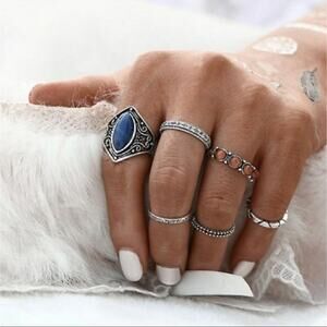 Set of 6 delicate engraved midi rings silver blue orange sizes 1.5/5/6